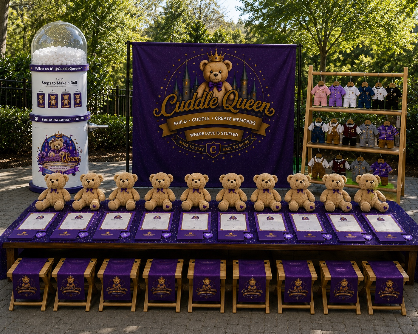 CuddleQueen bears, clothing, certificates, and stuffing machine