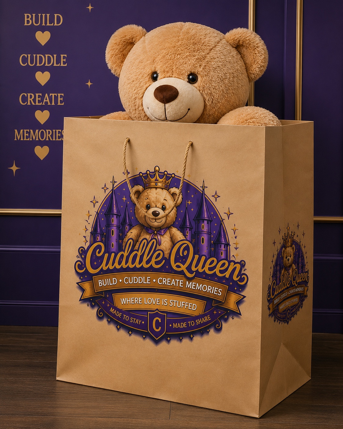 Branded CuddleQueen keepsake bag and teddy bear