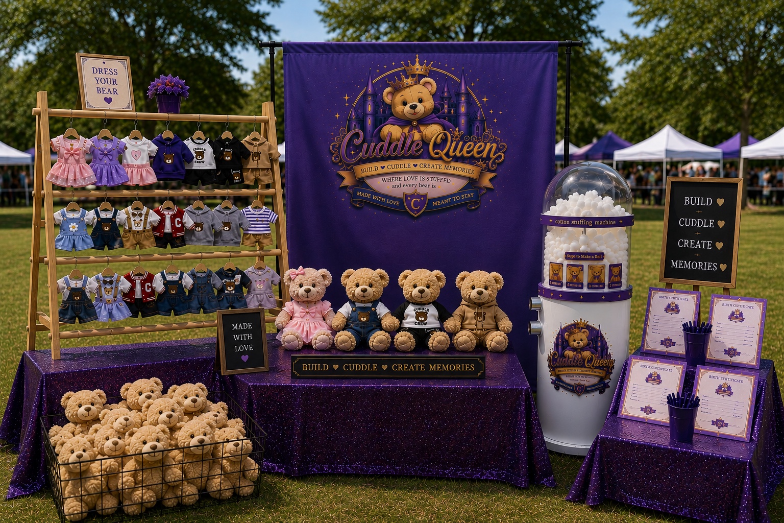 Purple and gold CuddleQueen mobile event setup